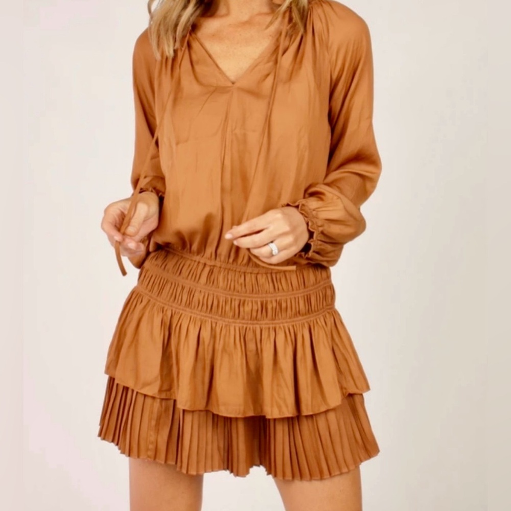Drop Boutique
 Brown Long Sleeve Pleated Dress